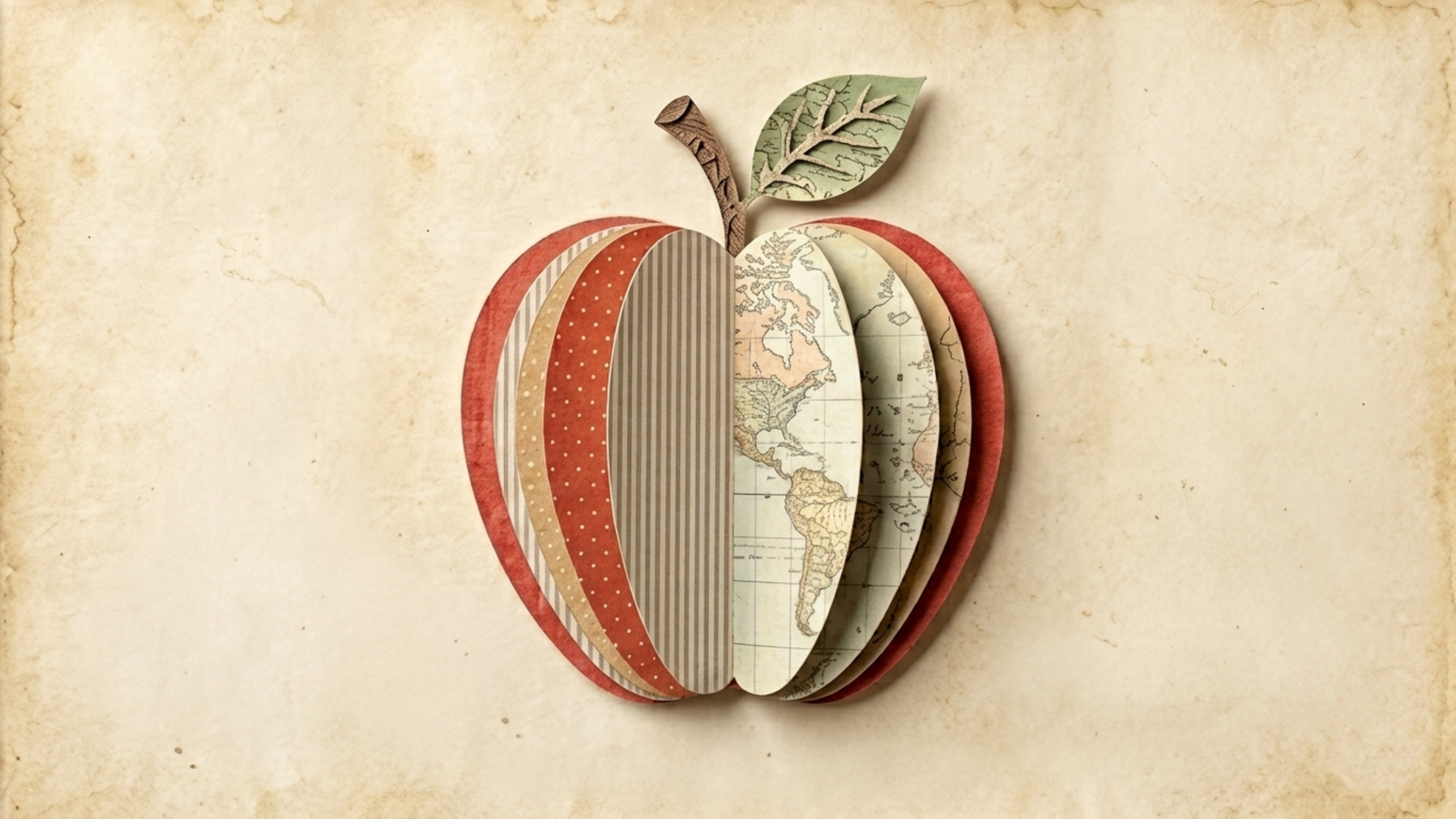 World of Knowledge Frame TV sign — an apple made of layered vintage map and patterned paper pages on a parchment background